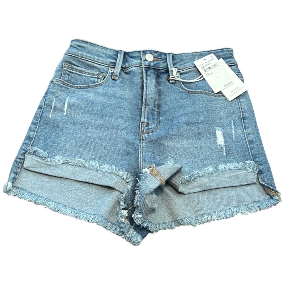Good American Good Curve Shorts Womens Size 26 Blue Denim Distressed NWT